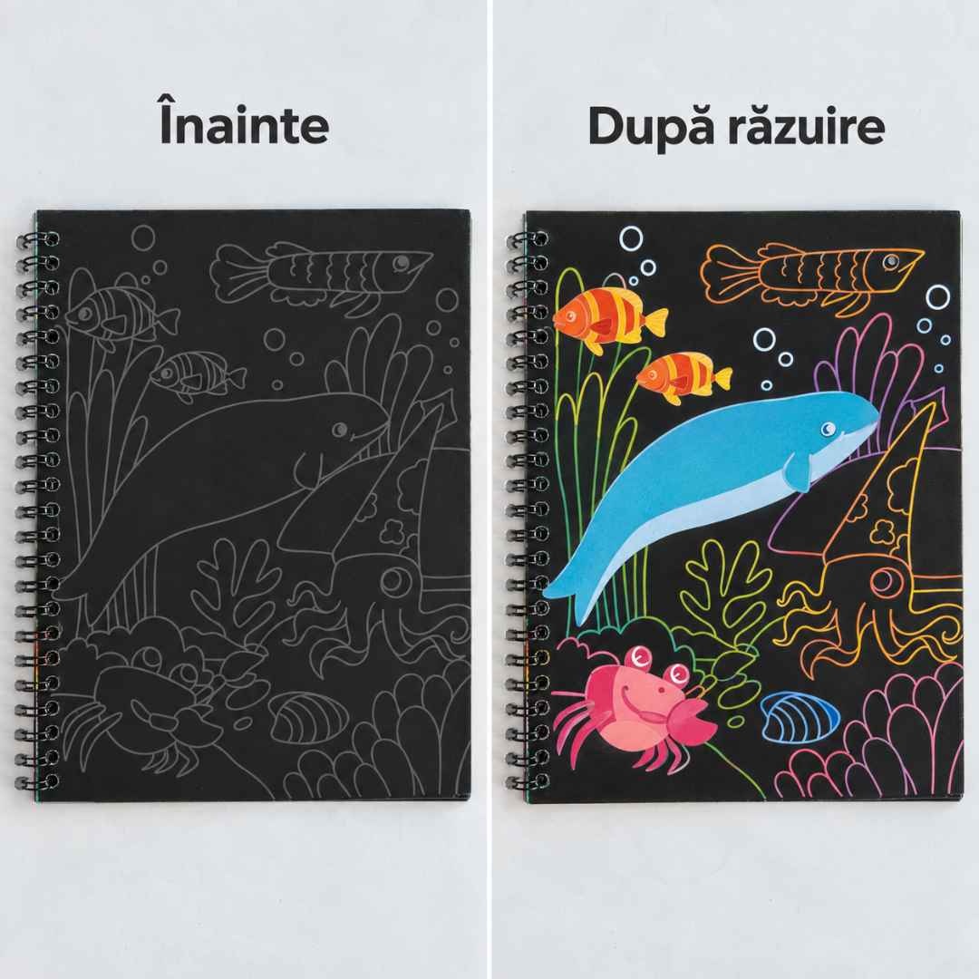 Pagina Scratch Art înainte și după răzuire, cu desene marine colorate dezvăluite