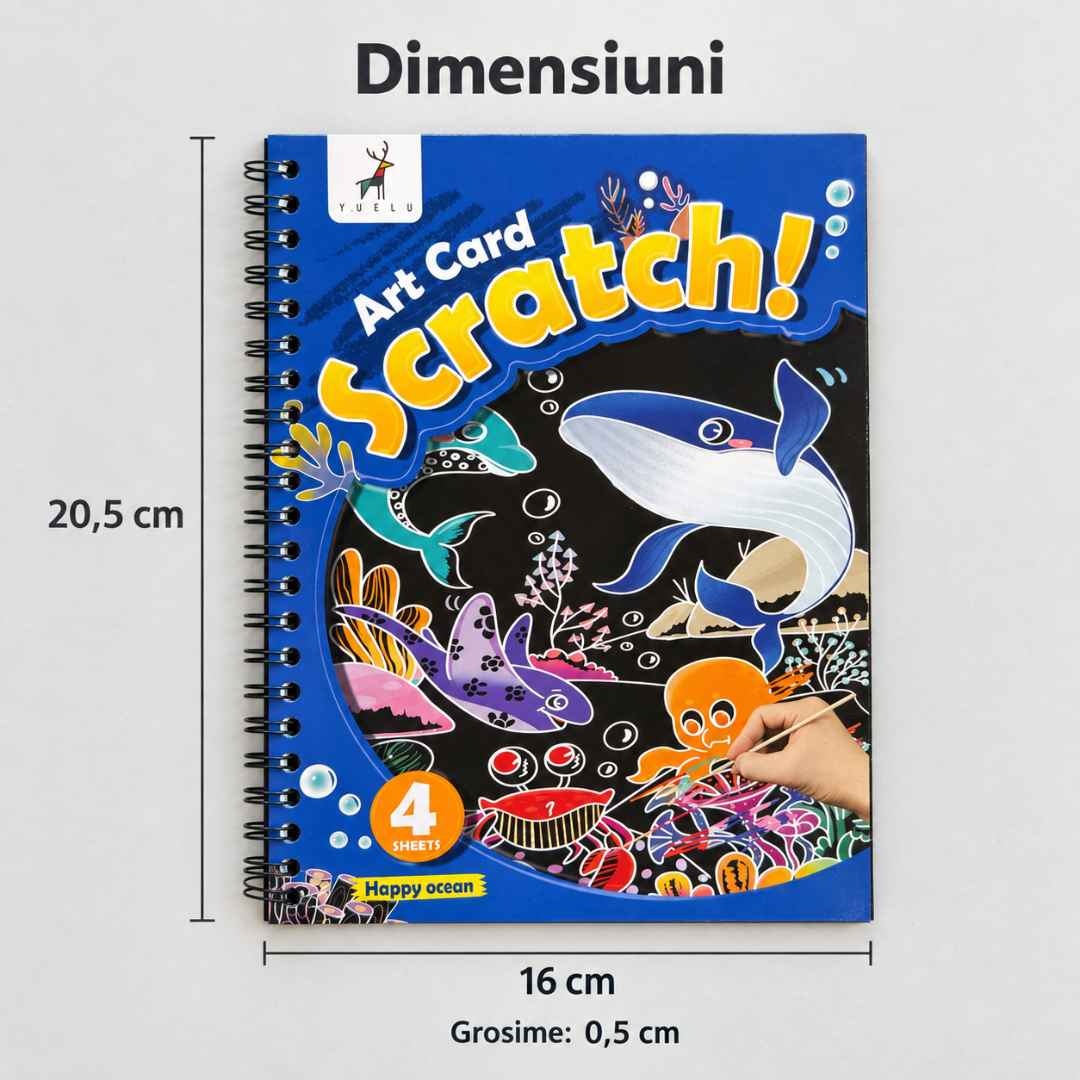 Dimensiunile cărticicii Scratch Art: 20,5 cm înălțime, 16 cm lățime și 0,5 cm grosime