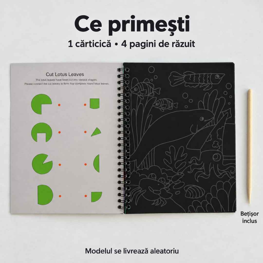 Conținutul pachetului Scratch Art: o cărticică cu 4 pagini de răzuit și bețișor inclus
