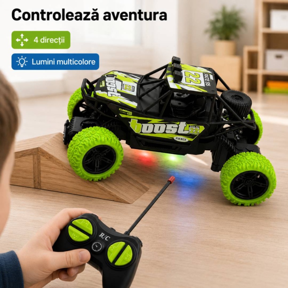 Mașină off-road RC cu telecomandă, roți profilate și lumini multicolore
