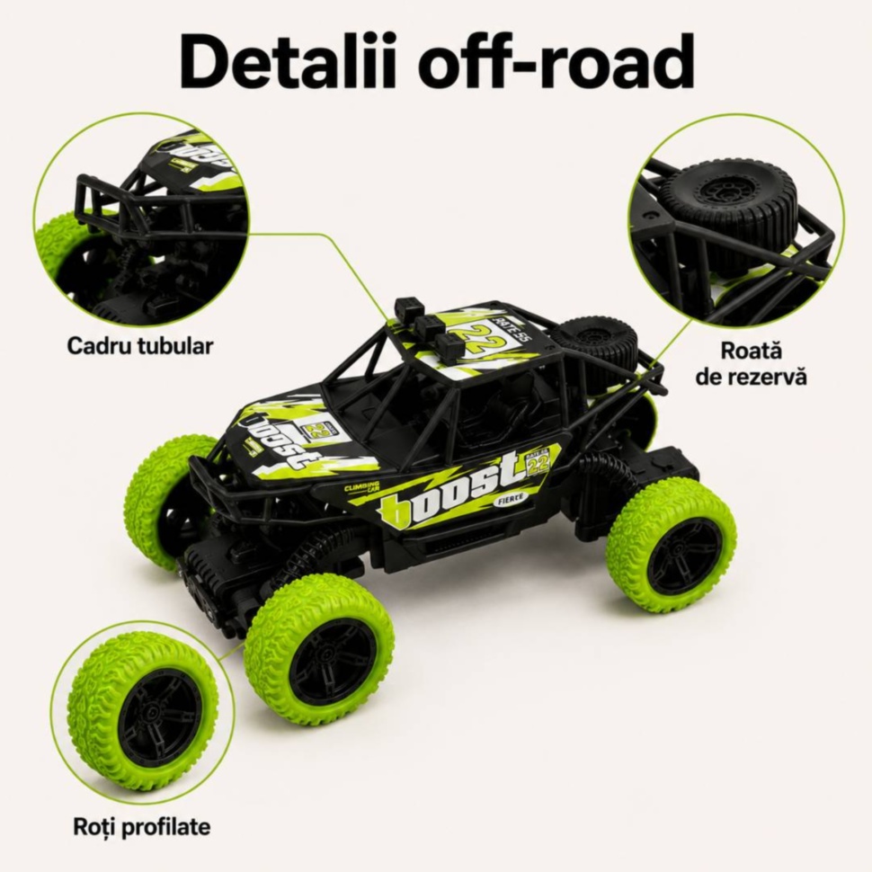 Detalii off-road ale mașinii RC cu roți profilate, cadru tubular și roată de rezervă