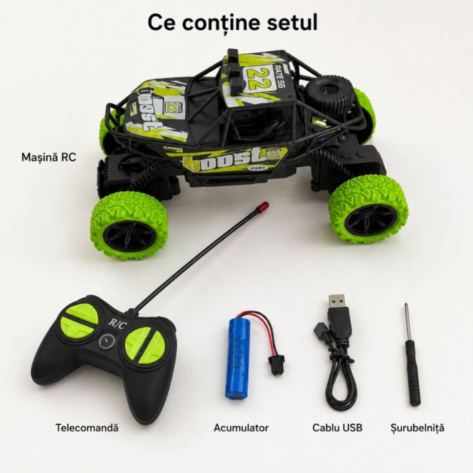 Conținutul setului cu mașină RC, telecomandă, acumulator, cablu USB și șurubelniță