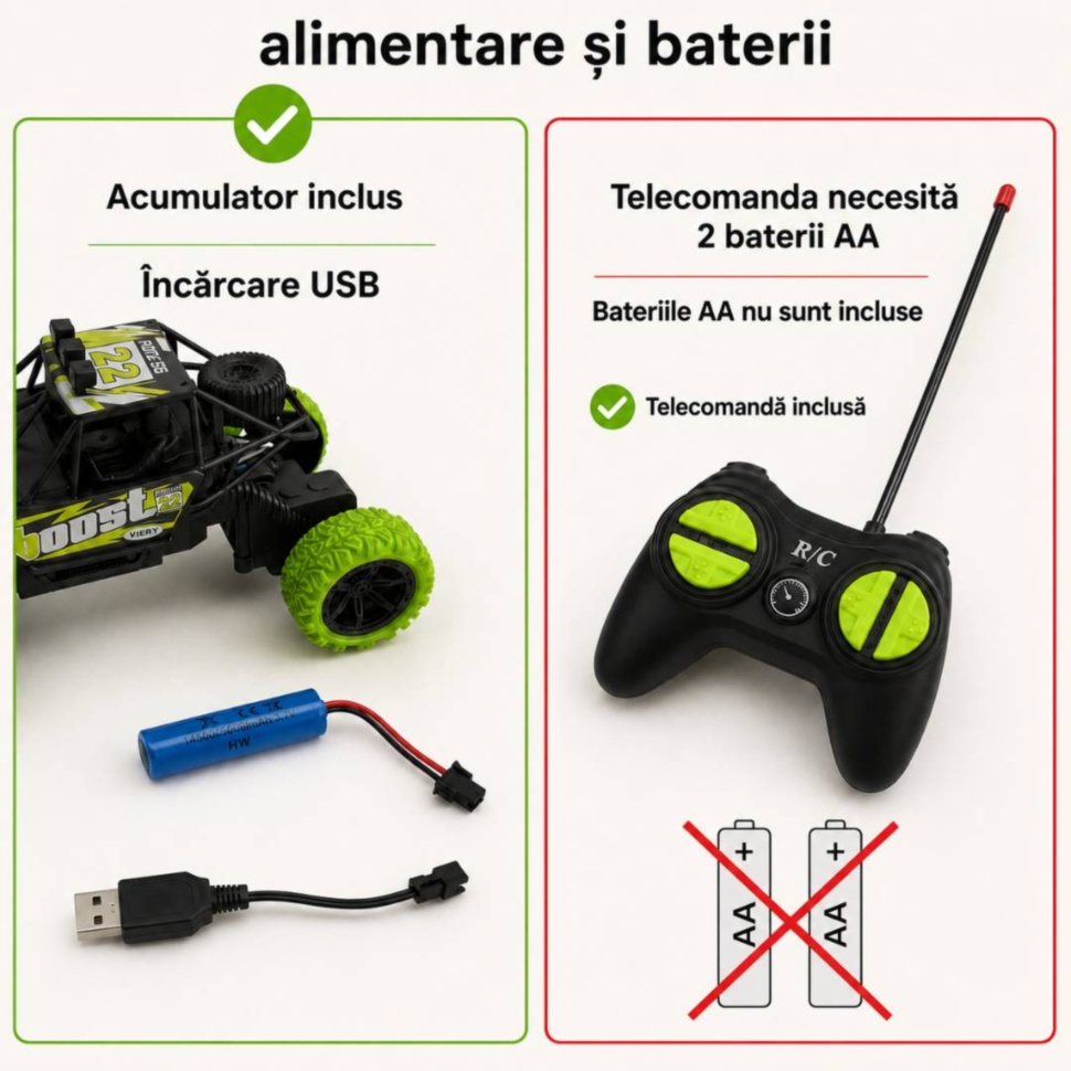 Alimentarea mașinii RC cu acumulator USB inclus și două baterii AA pentru telecomandă
