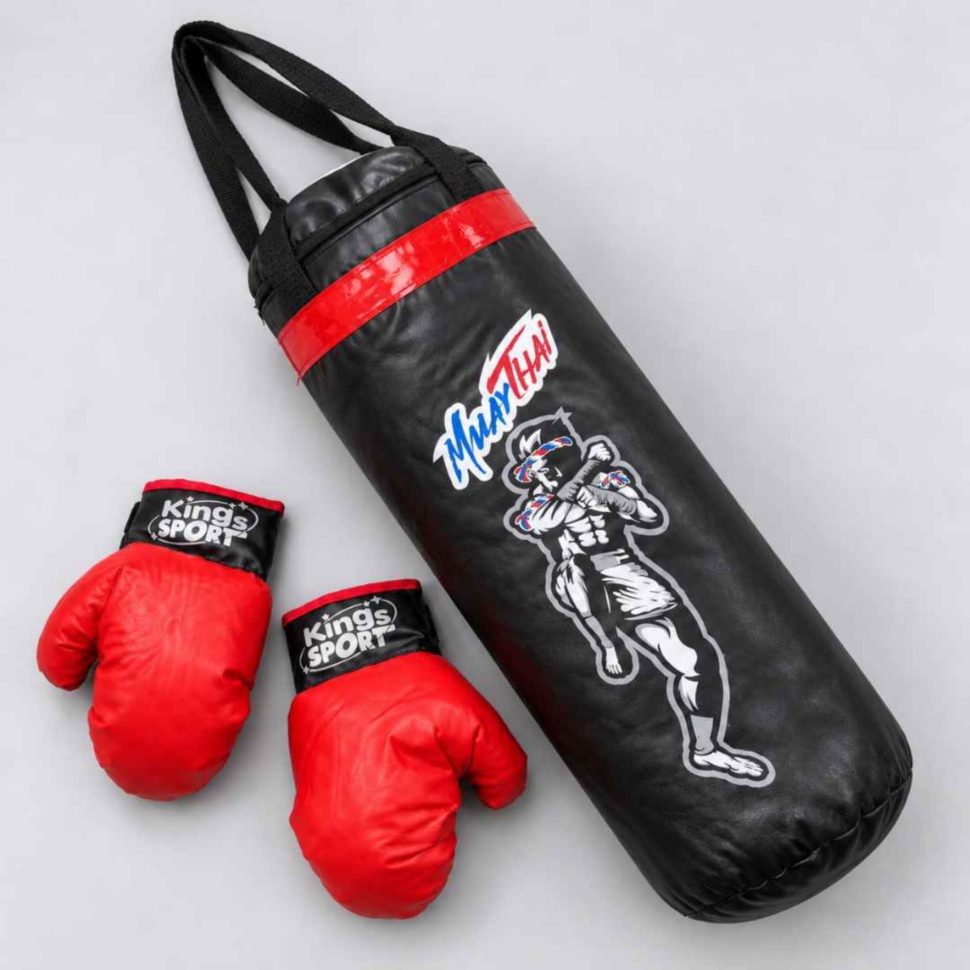 Set de box pentru copii, cu sac negru cu bandă roșie și două mănuși roșii