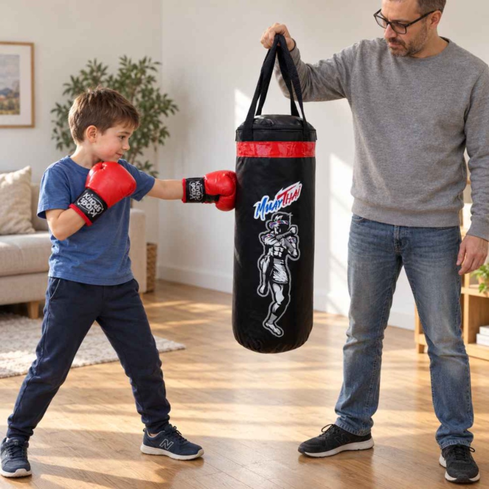 Copil cu mănuși roșii lovind sacul de box ținut de un adult