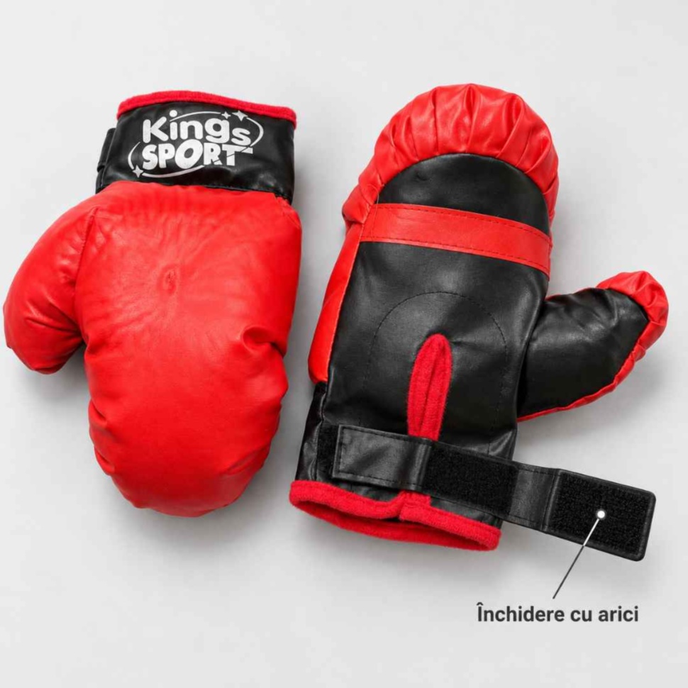 Mănuși de box roșii văzute pe ambele fețe, cu banda de închidere cu arici desfăcută