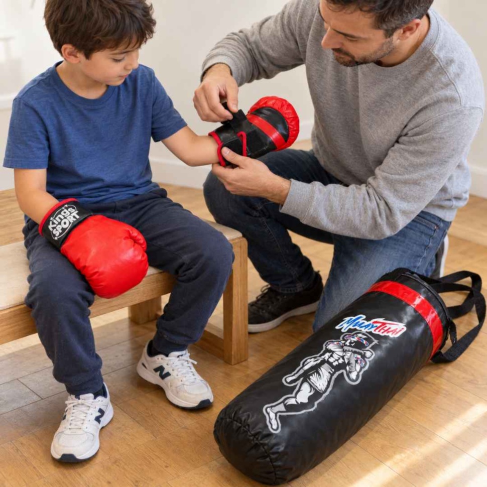 Tată ajutând copilul să închidă mănușa de box înainte de joacă