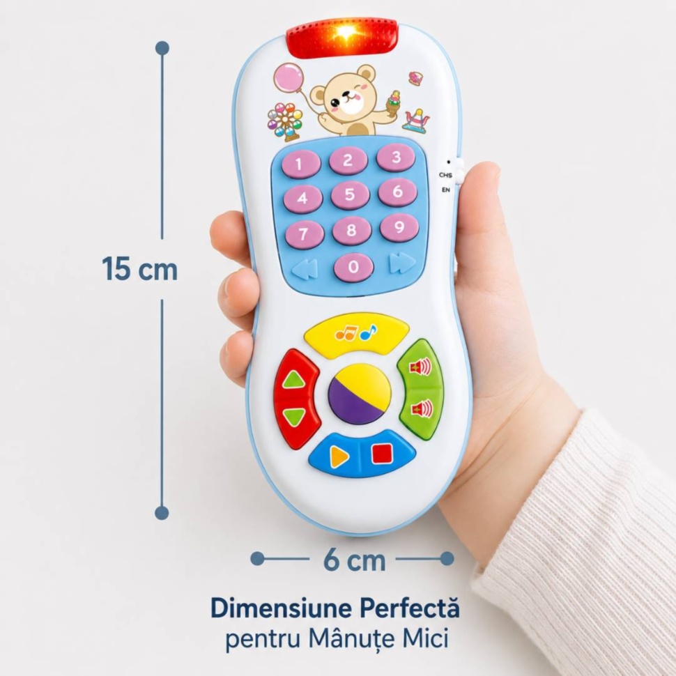 Dimensiune telecomandă pentru bebeluși 15 cm pe 6 cm, perfectă pentru mânuțe mici