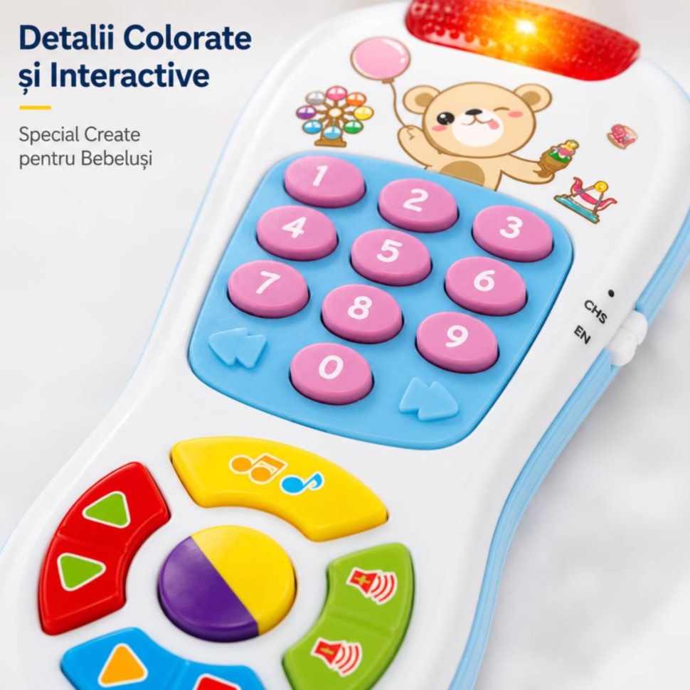 Detalii colorate și butoane interactive la telecomanda muzicală pentru bebeluși