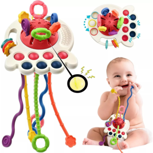 Jucărie Multisenzorială 6-în-1 cu Șnururi Texturate și Funcții Interactive (culoare aleatorie)