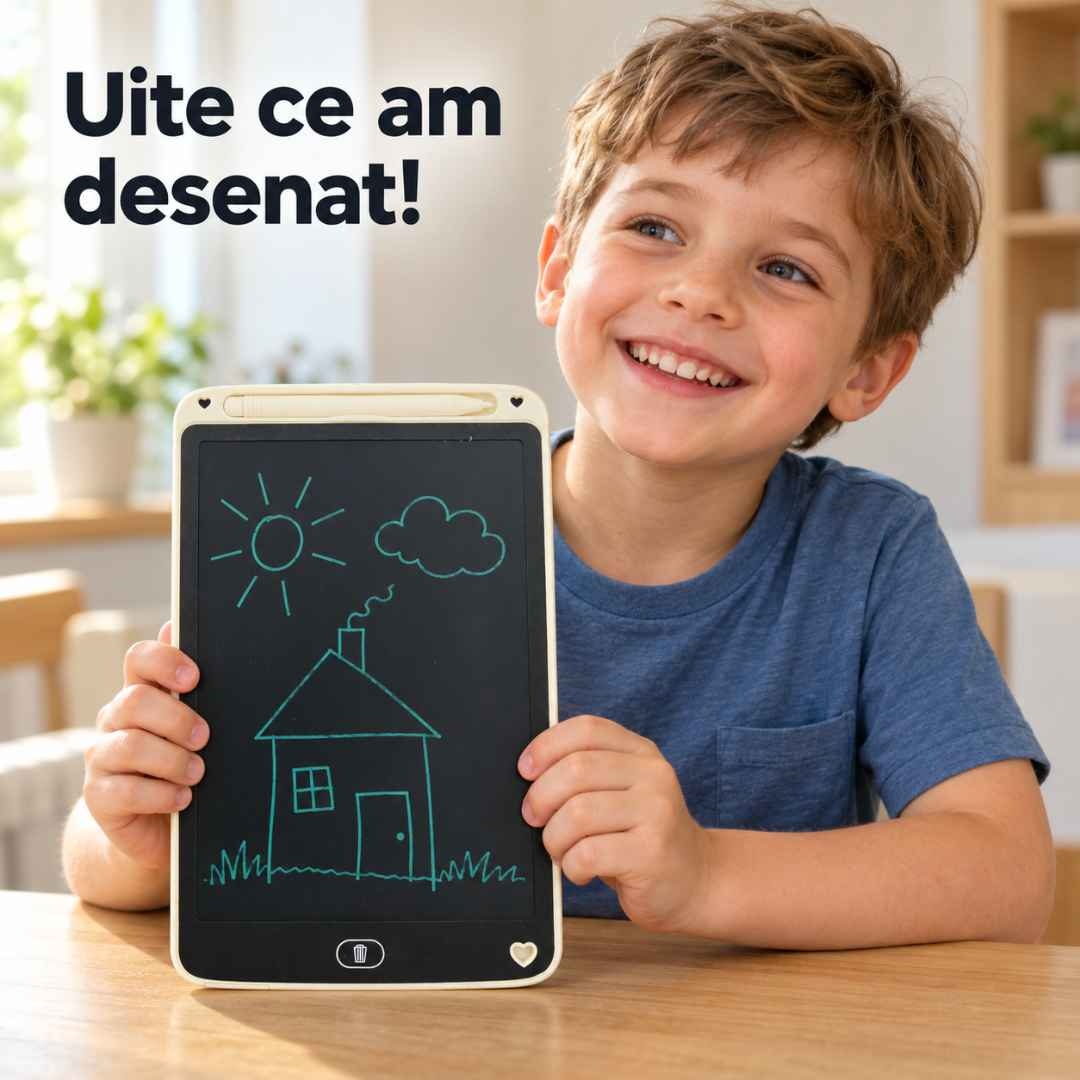 Copil care arată desenul unei case pe tableta LCD, cu linii verde-turcoaz pe ecranul închis