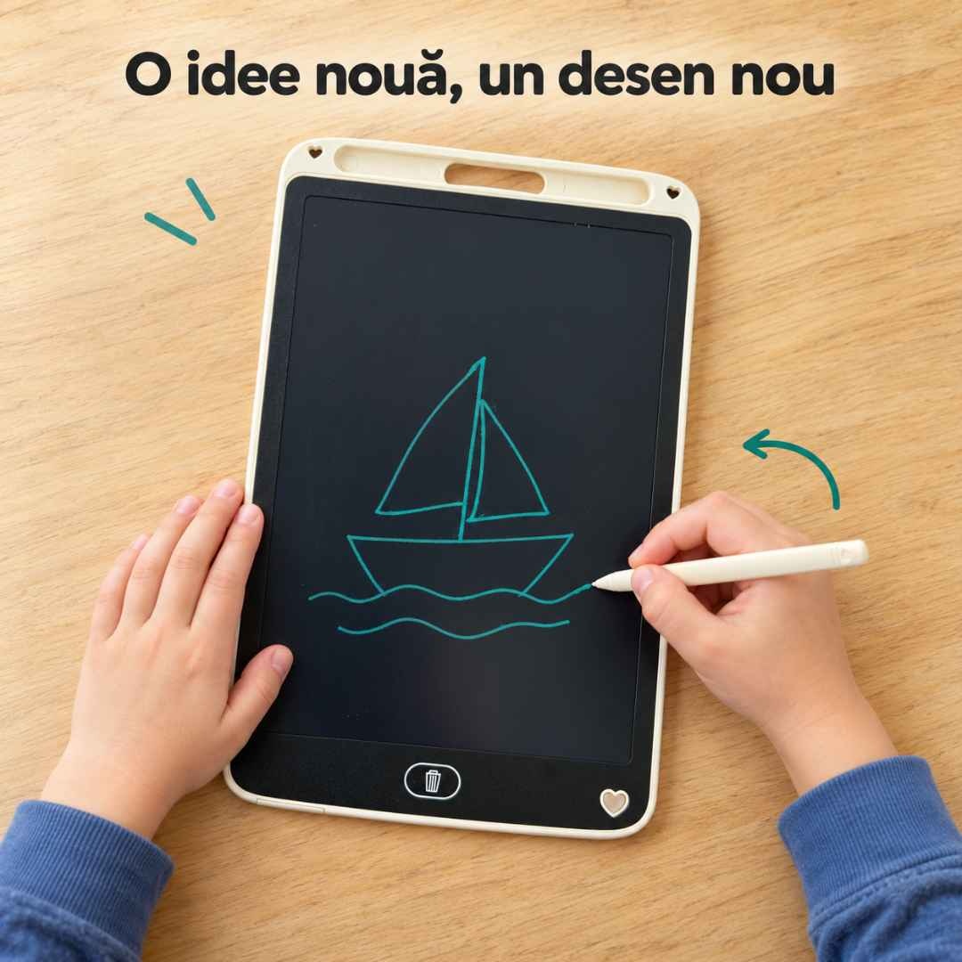 Mâinile unui copil care desenează o barcă pe tableta LCD cu stylusul inclus