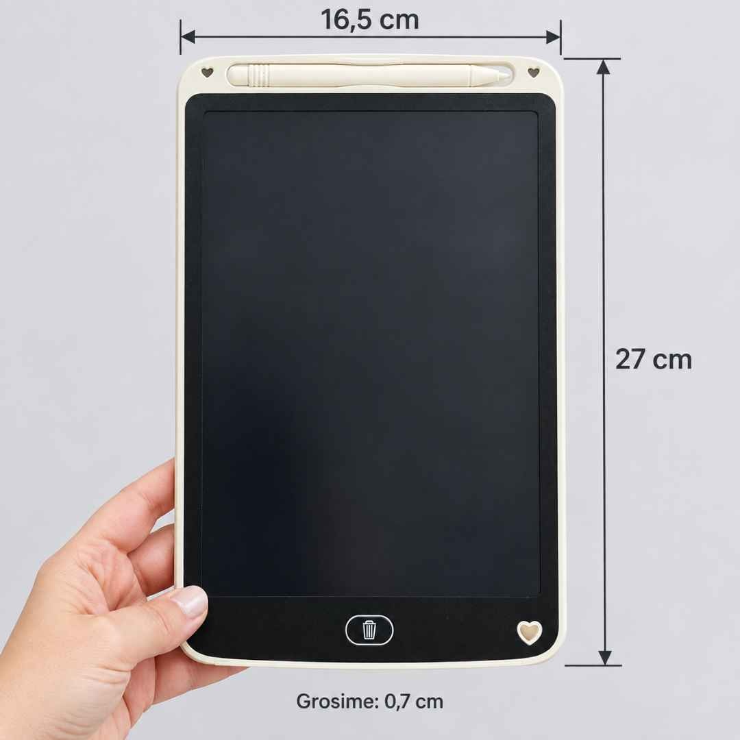 Tableta LCD ținută într-o mână, cu dimensiunile de 27 cm înălțime, 16,5 cm lățime și 0,7 cm grosime