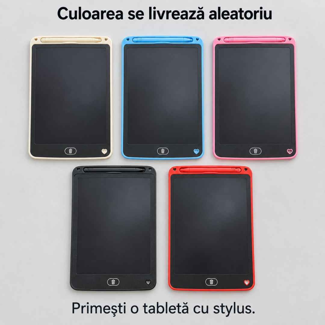 Cele cinci culori de ramă prezentate: crem, albastru, roz, negru și roșu; se livrează o tabletă cu stylus, în culoare aleatorie