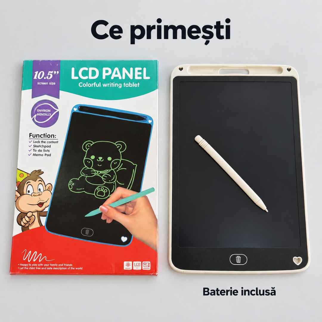 Tableta LCD, stylusul și ambalajul original, cu mențiunea că bateria este inclusă