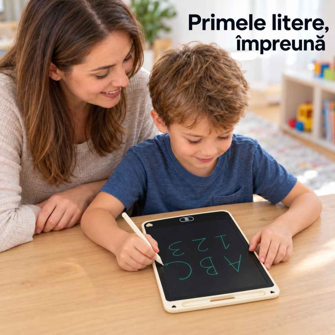Mamă și copil exersând litere și cifre pe tableta LCD cu stylus