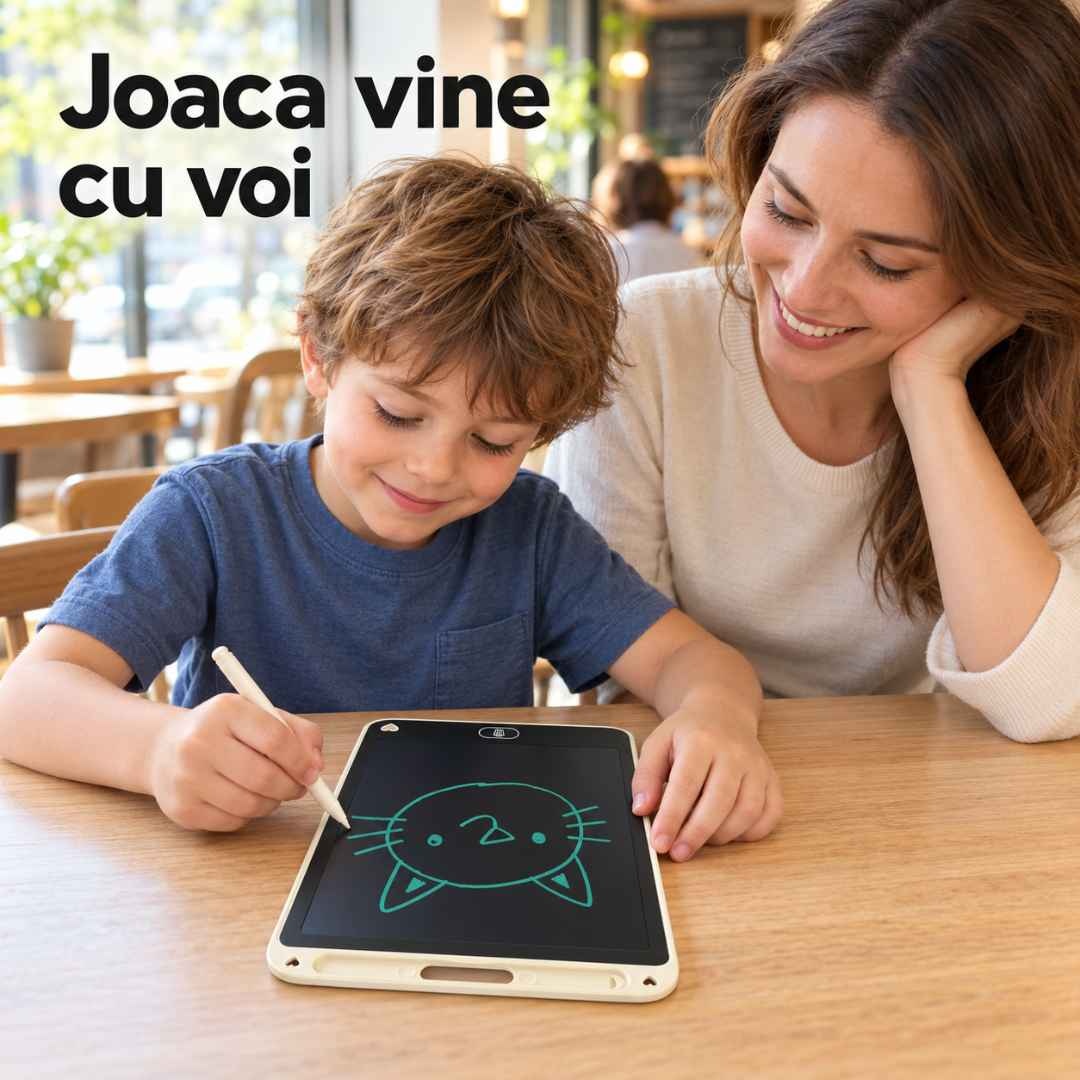 Copil care desenează o pisică pe tableta LCD la cafenea, cu mama alături