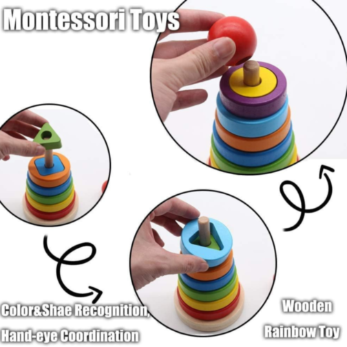 Turn Montessori din Lemn cu Forme Geometrice și Inele Colorate – Joc Educativ 2 în 1 