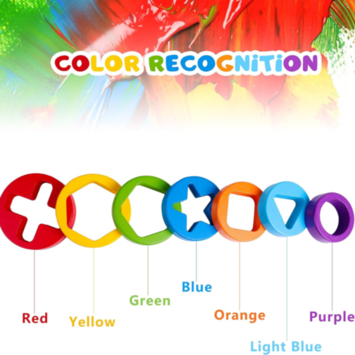 Turn Montessori din Lemn cu Forme Geometrice și Inele Colorate – Joc Educativ 2 în 1 
