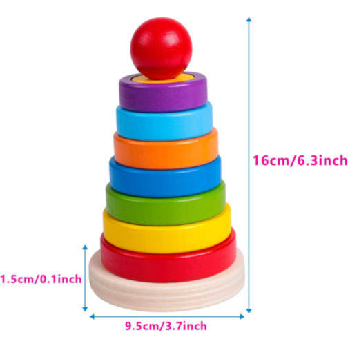 Turn Montessori din Lemn cu Forme Geometrice și Inele Colorate – Joc Educativ 2 în 1 
