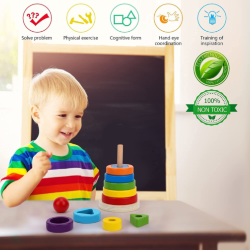 Turn Montessori din Lemn cu Forme Geometrice și Inele Colorate – Joc Educativ 2 în 1 