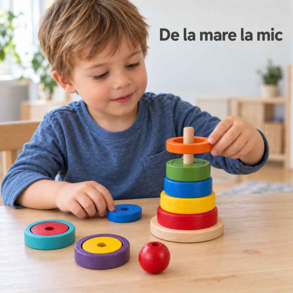 Copil care așază un inel portocaliu pe turnul din lemn, ordonând piesele de la mare la mic