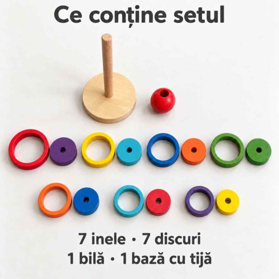 Conținutul setului Rainbow Tower: 7 inele, 7 discuri colorate, o bilă roșie și o bază din lemn cu tijă