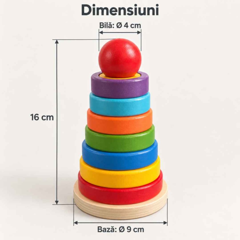 Dimensiunile turnului: înălțime totală 16 cm, diametru bază 9 cm și diametru bilă roșie 4 cm