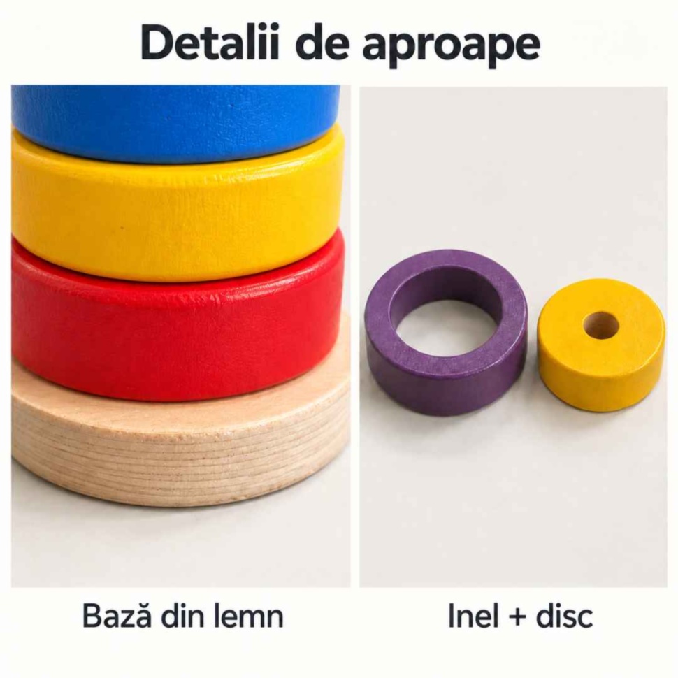 Detalii ale bazei din lemn și ale unui inel mov alături de discul galben care se potrivește în interior