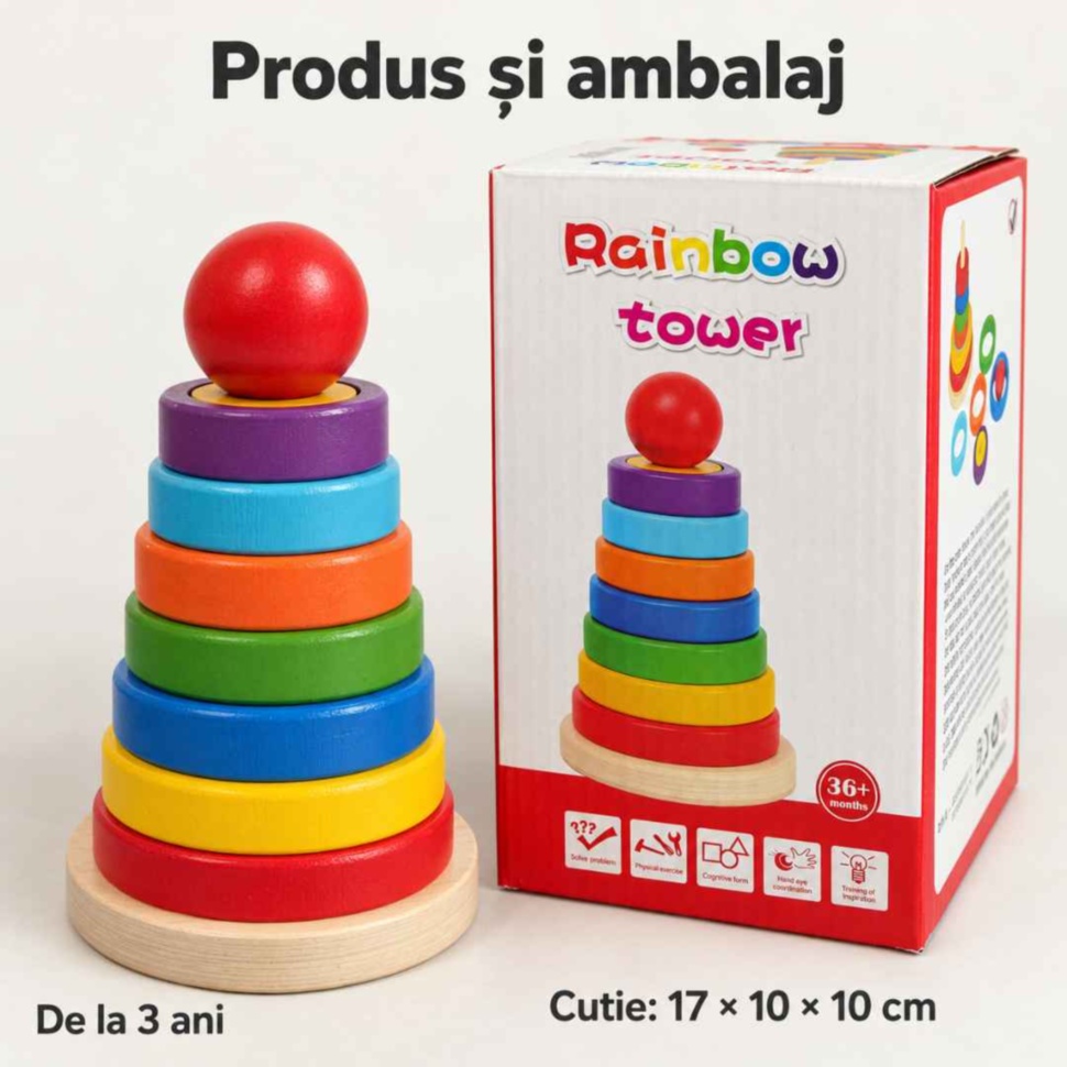 Turnul Rainbow Tower asamblat lângă ambalajul original, cu dimensiunea cutiei de 17 × 10 × 10 cm