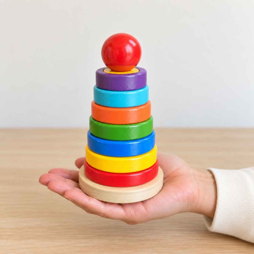 Turnul Rainbow Tower din lemn, asamblat și ținut în palma unui adult pentru a arăta scara reală
