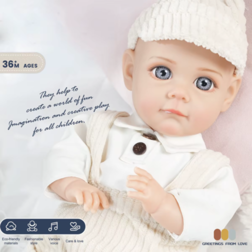Păpușă Reborn Băiețel cu Corp Moale și Ținută Tricotată – 35 cm