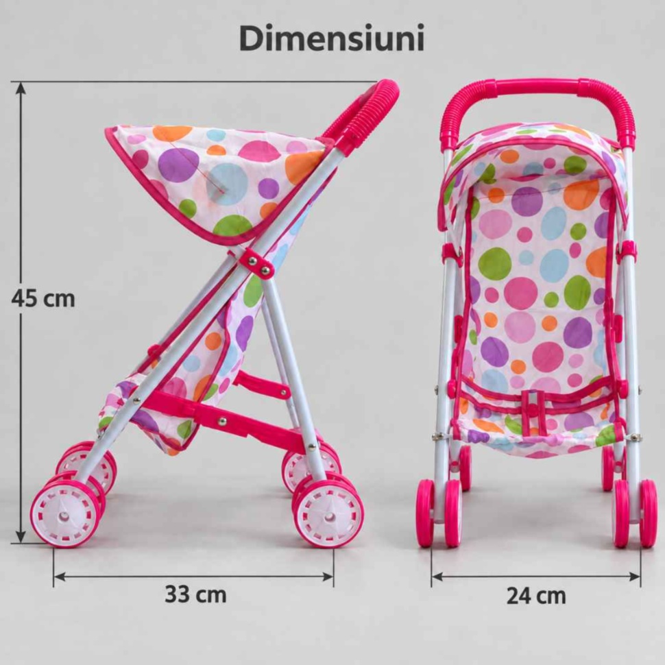 Dimensiunile căruciorului pentru păpuși: 33 cm lungime, 24 cm lățime și 45 cm înălțime