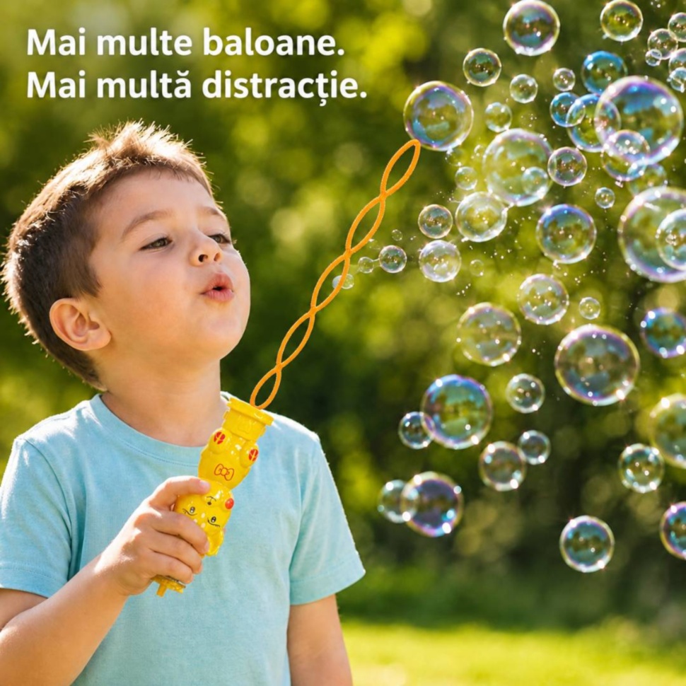 Copil suflă baloane de săpun cu bagheta cu mâner căprioară