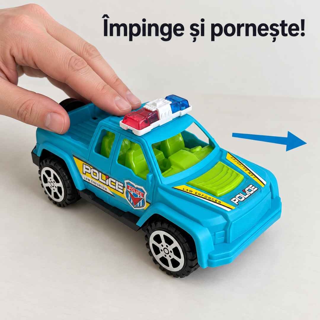 Mașinuță de poliție pickup cu inerție, pusă în mișcare prin împingere înainte