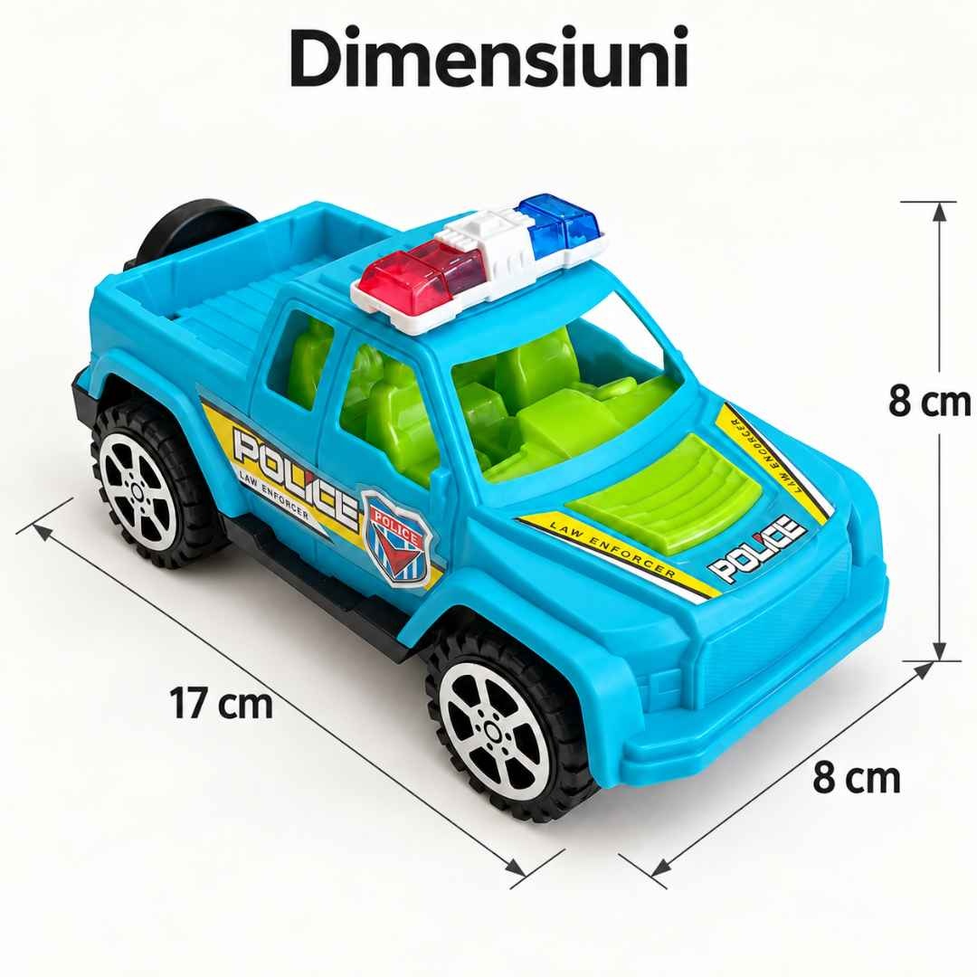 Dimensiunile mașinuței: 17 cm lungime, 8 cm lățime și 8 cm înălțime