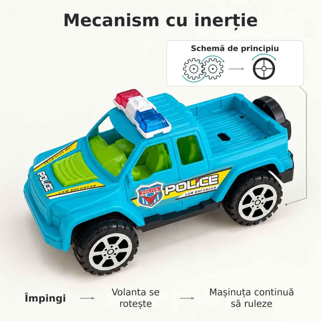 Explicație a mecanismului cu inerție: împingi mașinuța, apoi aceasta continuă să ruleze