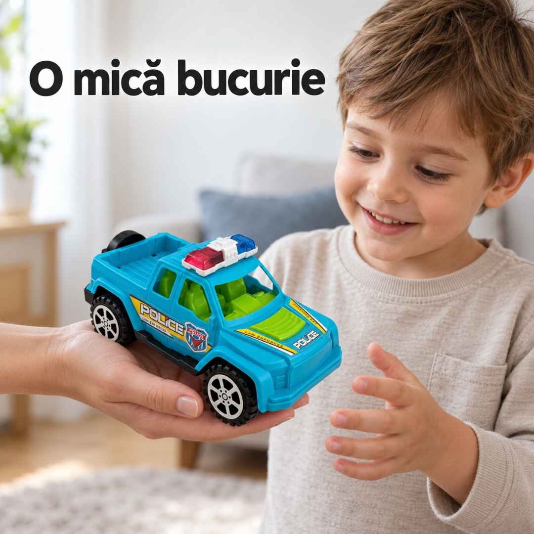 Copil primește în dar mașinuța de poliție pickup turcoaz