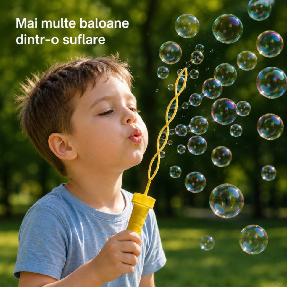 Copil face mai multe baloane dintr-o suflare cu bagheta Bubble Bar