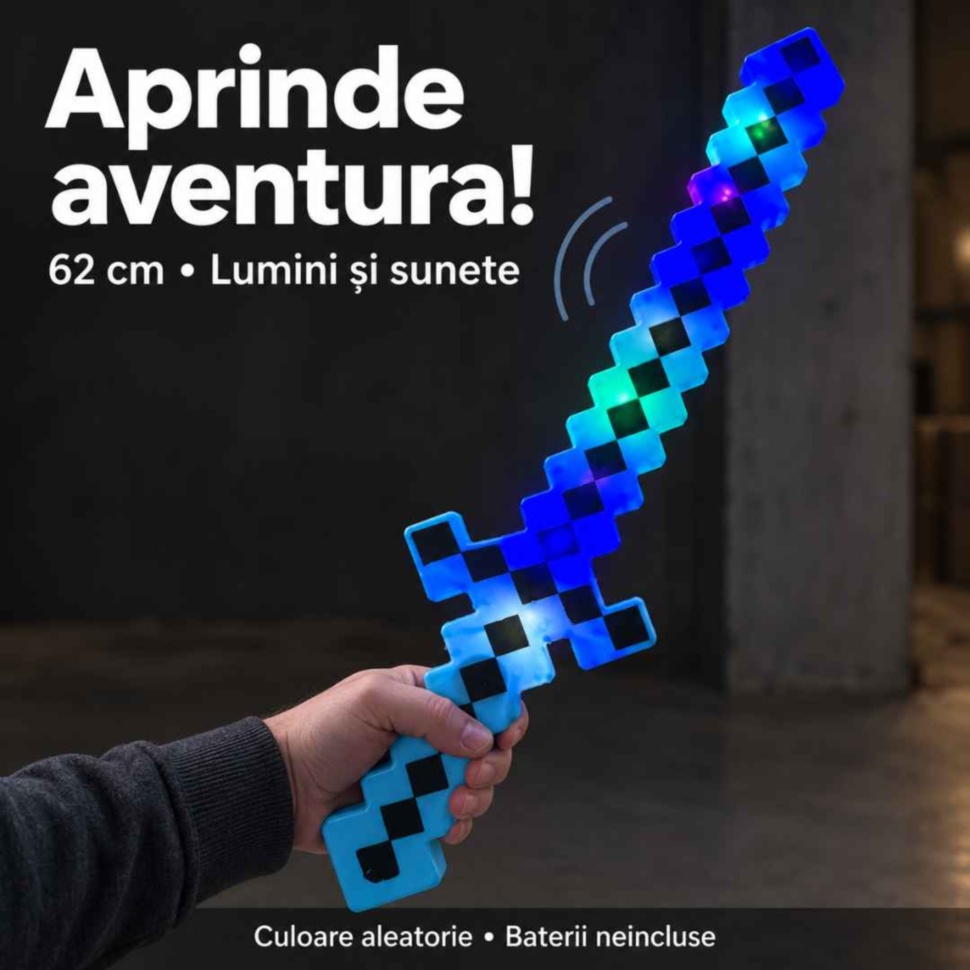 Sabie pixelată albastră de 62 cm, ținută în mână, cu luminile pornite