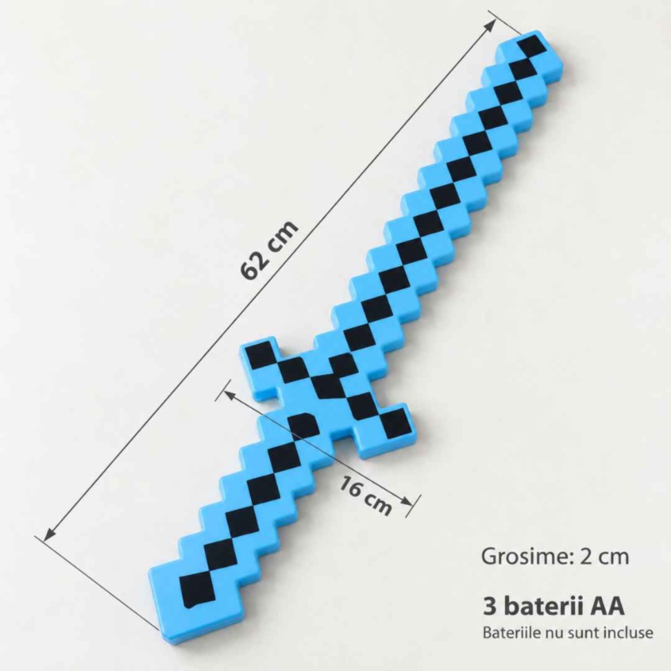 Dimensiunile sabiei pixelate: 62 cm lungime, 16 cm lățime și 2 cm grosime; necesită 3 baterii AA neincluse
