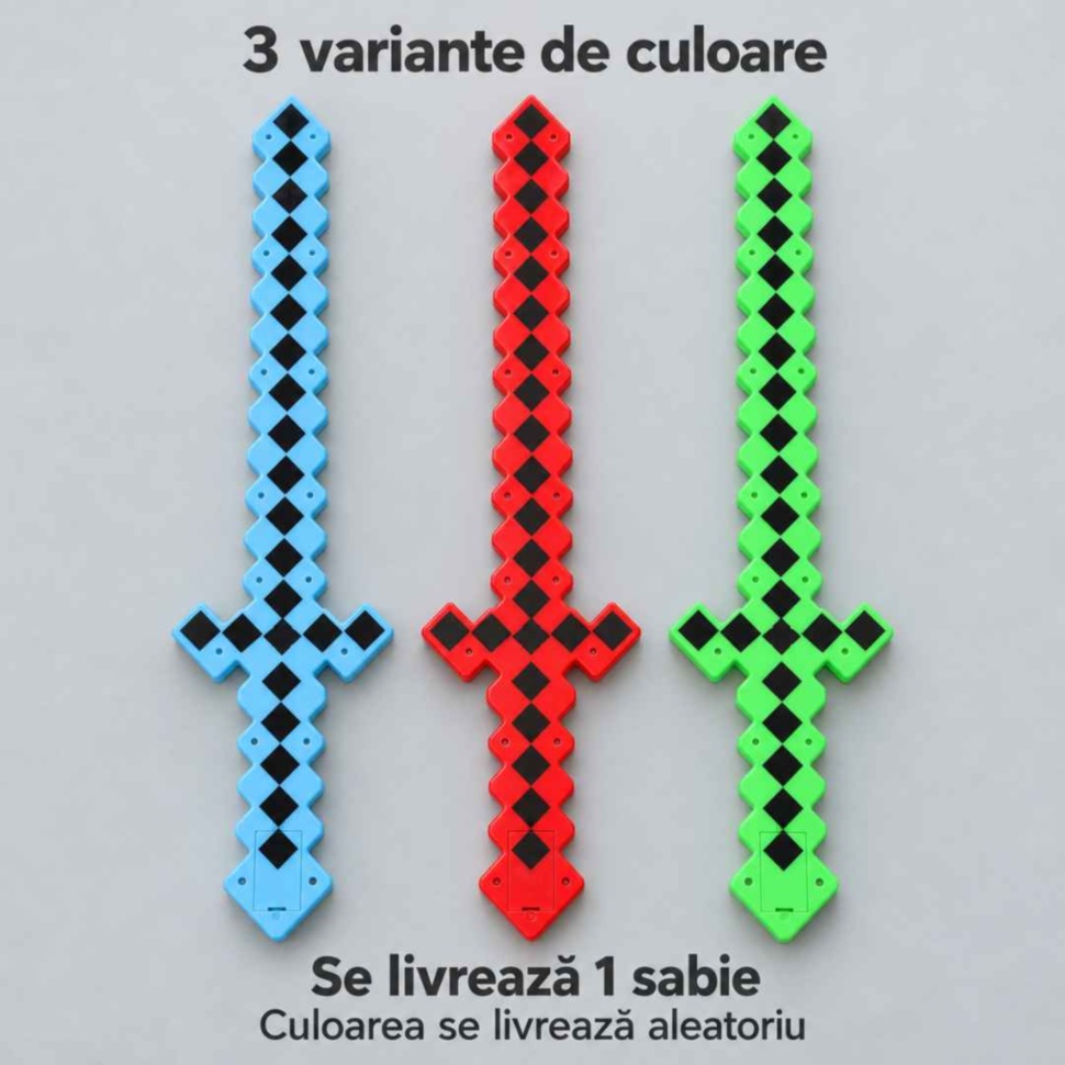 Cele trei variante de culoare ale sabiei pixelate: albastru, roșu și verde; pachetul conține o sabie