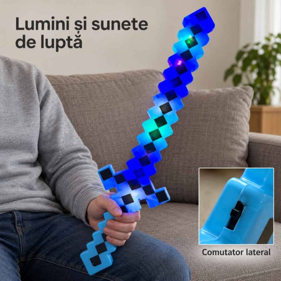 Sabie pixelată cu lumini aprinse și detaliu al comutatorului lateral