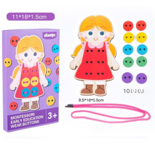 Jucărie Montessori din Lemn – Îmbracă Fetița cu Nasturi Colorati