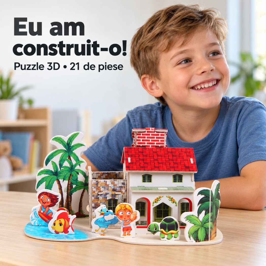 Copil care prezintă cu bucurie vila de coastă construită din puzzle-ul 3D cu 21 de piese
