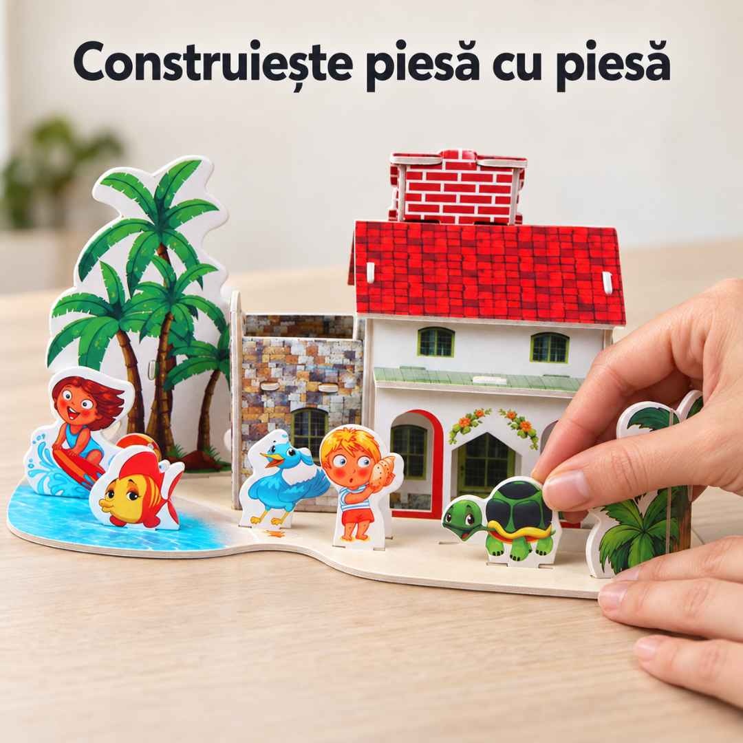 Mână care potrivește un element decorativ lângă vila de coastă asamblată din piese de puzzle
