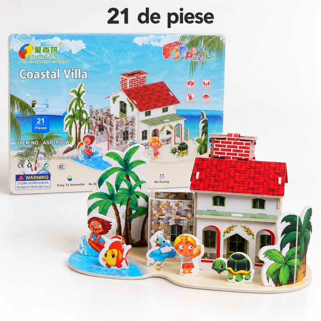 Vila de coastă după asamblare, alături de ambalajul original care indică cele 21 de piese