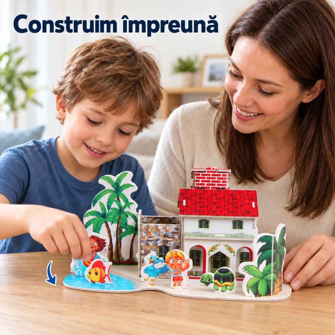 Mamă și copil construind împreună vila de coastă și așezând personajele pe baza puzzle-ului