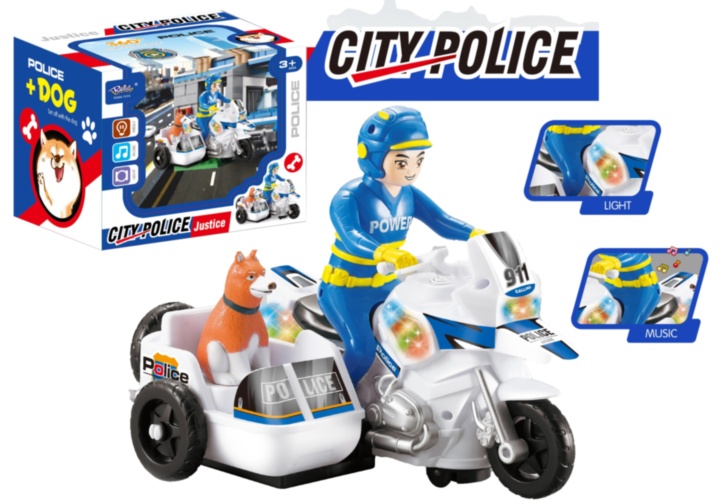 Motocicleta cu Ataș, Polițist și Câine, ocolește obstacole, emite lumini și sunete