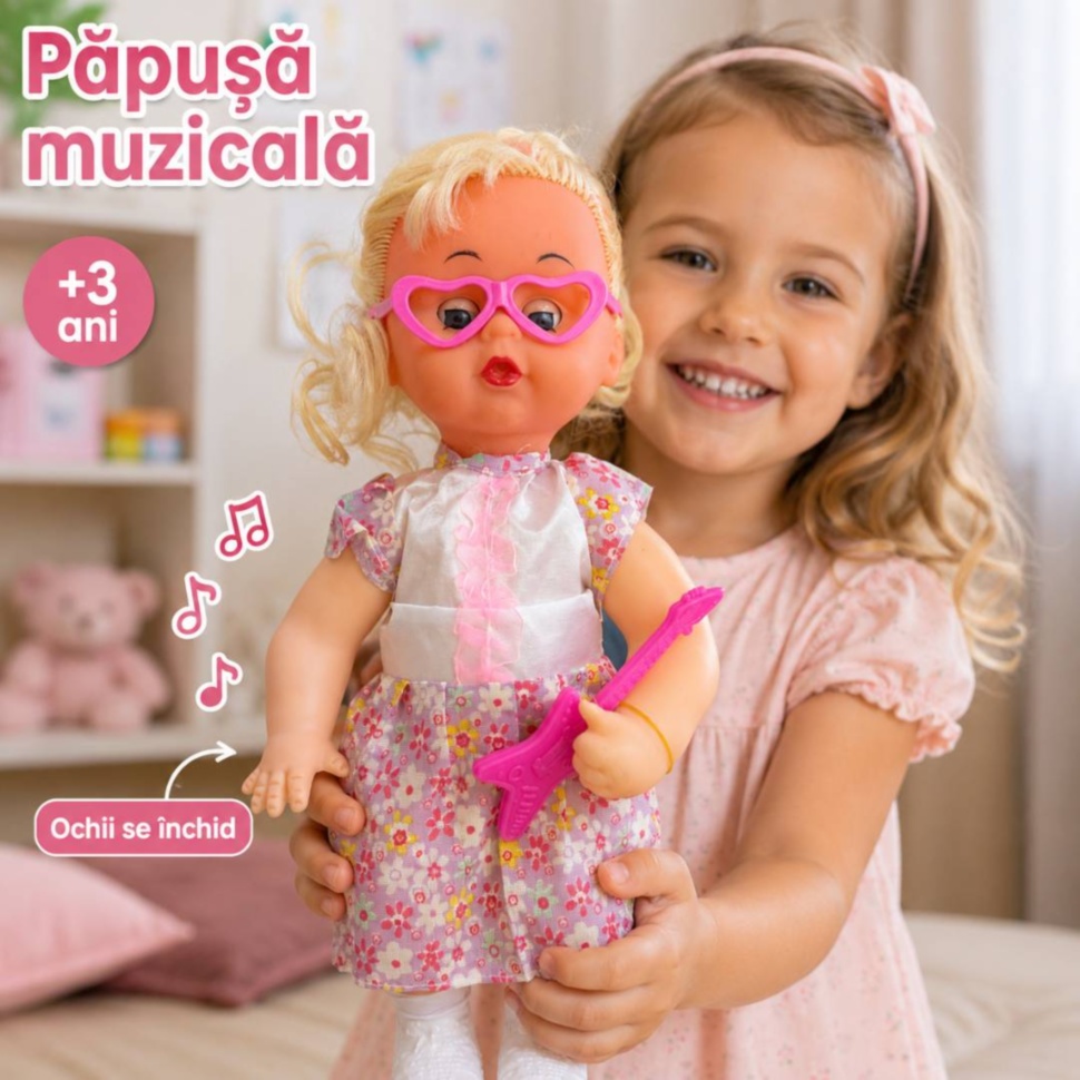 Păpușă muzicală pentru copii cu chitară roz și ochelari inimă